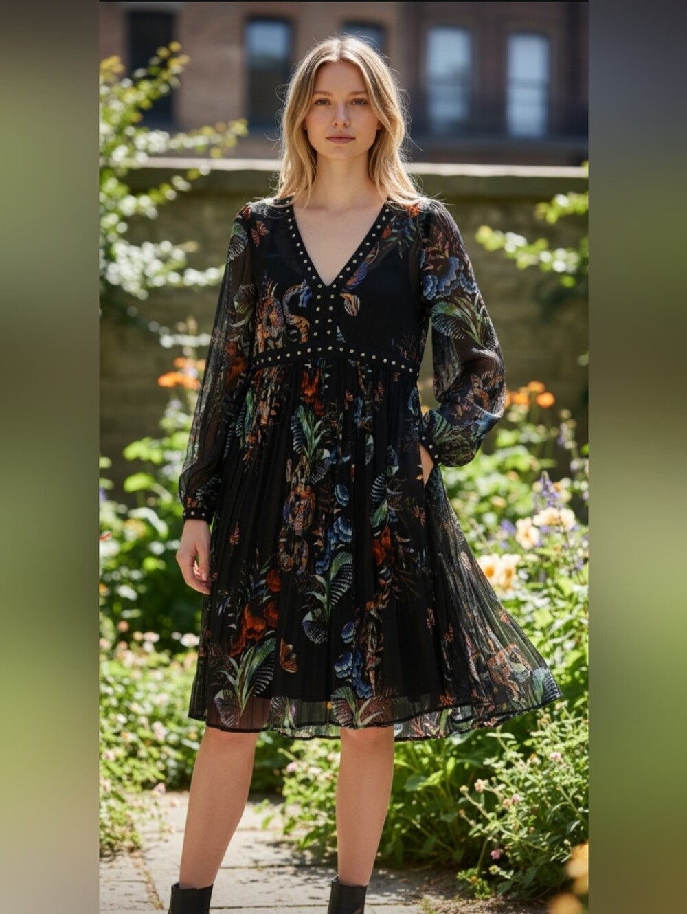 Maeve Black Floral Long-Sleeve V-Neck Midi Dress